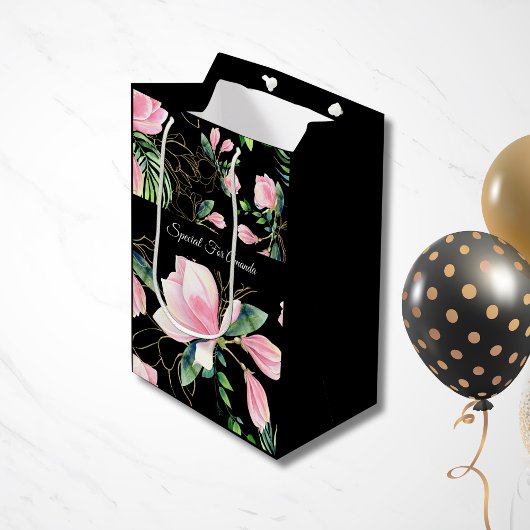Waterverf Roze Magnolia Black Pattern Medium Cadeauzakje