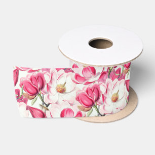 Waterverf Roze Magnolia Bloemen Patroon Satijnen Lint