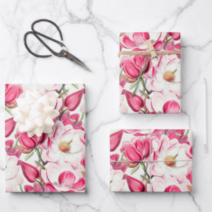 Waterverf roze Magnolia bloemenpatroon Inpakpapier Vel