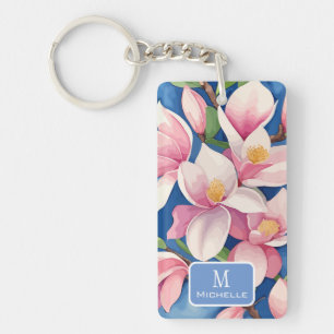 Waterverf Roze Magnolia Botanisch Blauw Monogram Sleutelhanger