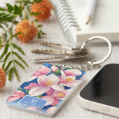 Waterverf Roze Magnolia Botanisch Blauw Monogram Sleutelhanger (Voorkant Rechts)