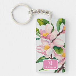 Waterverf Roze Magnolia Botanisch Monogram Sleutelhanger