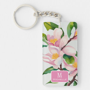 Waterverf Roze Magnolia Botanisch Monogram Sleutelhanger