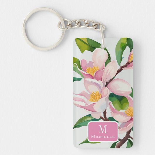 Waterverf Roze Magnolia Botanisch Monogram Sleutelhanger (Voorkant)