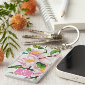 Waterverf Roze Magnolia Botanisch Monogram Sleutelhanger (Voorkant Rechts)