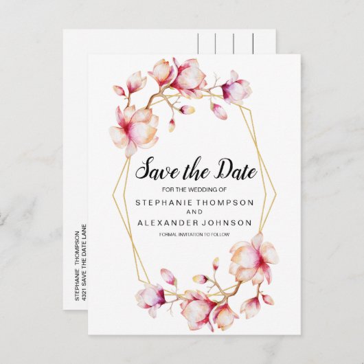 Waterverf Roze Magnolia Flowers Aankondigingskaart (Voorkant / Achterkant)