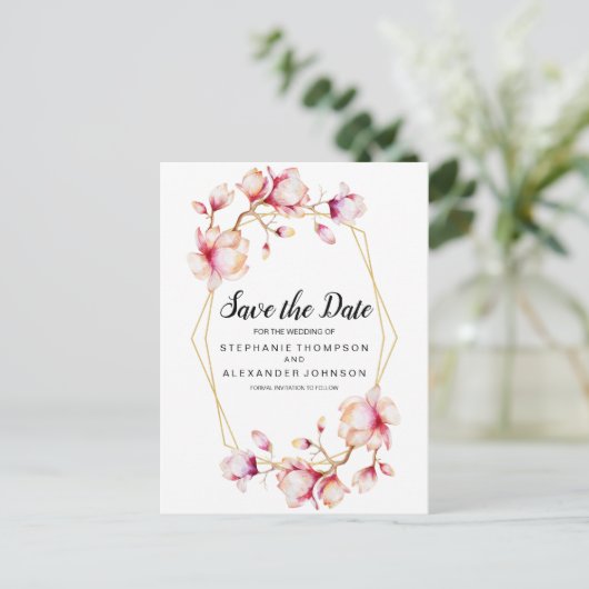 Waterverf Roze Magnolia Flowers Aankondigingskaart (Staand voorkant)