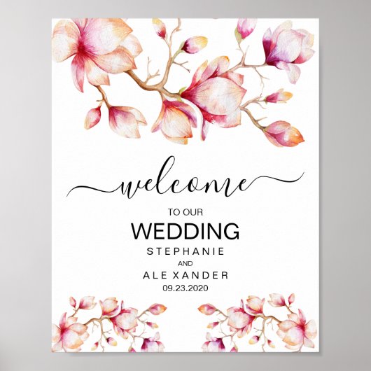 Waterverf Roze Magnolia Flowers Poster (Voorkant)