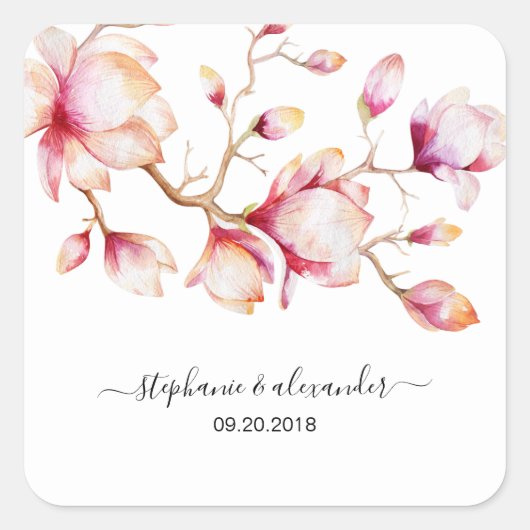 Waterverf Roze Magnolia Flowers Vierkante Sticker (Voorkant)