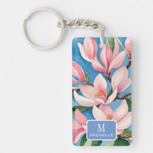 Waterverf Roze Magnolia Modern Art Blauw Monogram Sleutelhanger
