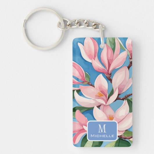 Waterverf Roze Magnolia Modern Art Blauw Monogram Sleutelhanger (Voorkant)