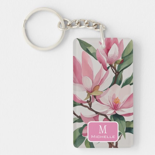 Waterverf Roze Magnolia Modern Art Monogram Sleutelhanger (Voorkant)
