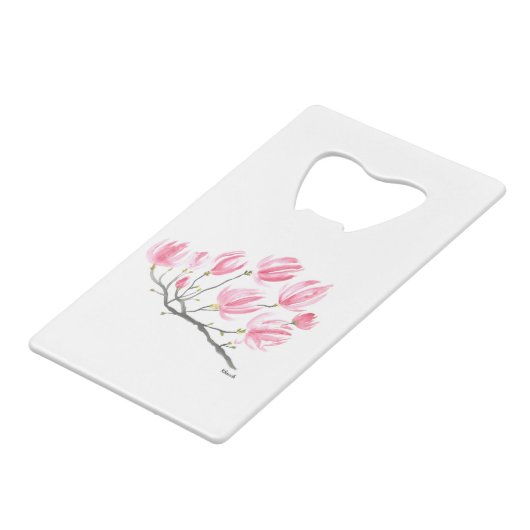 Waterverf Roze Magnolia Natuur Botanische Floral Creditkaart Flessenopener (Voorkant Gekanteld)