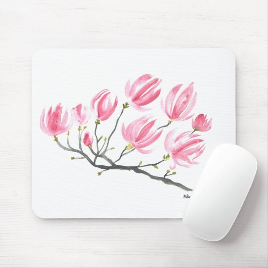 Waterverf Roze Magnolia Natuur Botanische Floral Muismat (Met muis)