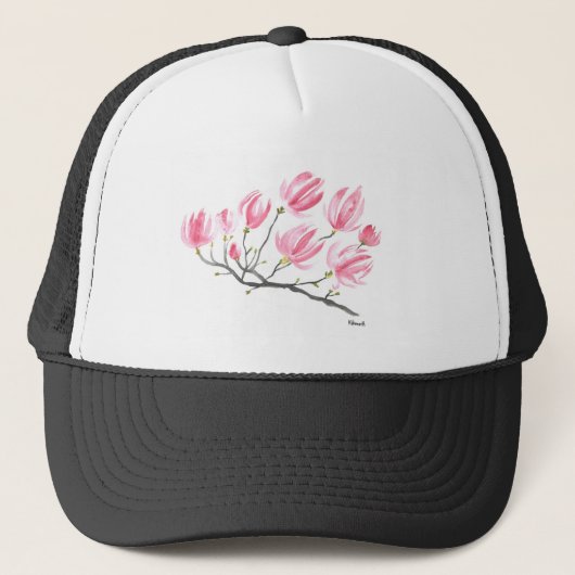 Waterverf Roze Magnolia Natuur Botanische Floral Trucker Pet (Voorkant)