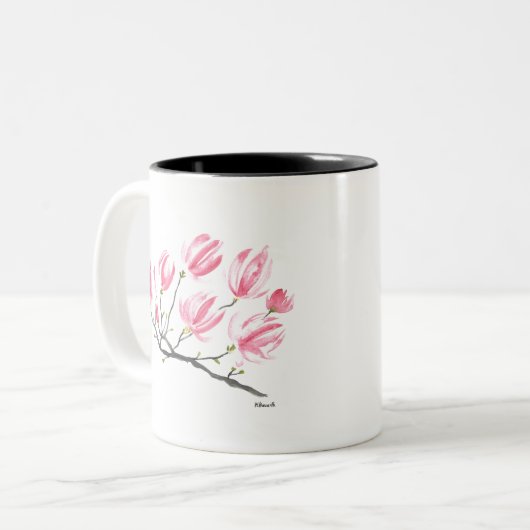 Waterverf Roze Magnolia Natuur Botanische Floral Tweekleurige Koffiemok (Voorkant links)