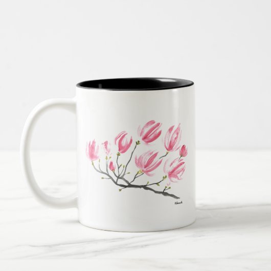 Waterverf Roze Magnolia Natuur Botanische Floral Tweekleurige Koffiemok (Links)