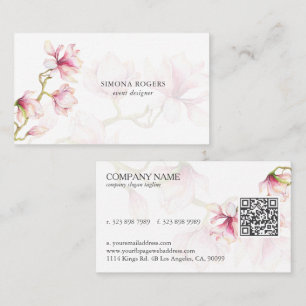 Waterverf Roze Magnolia QR-code Visitekaartje