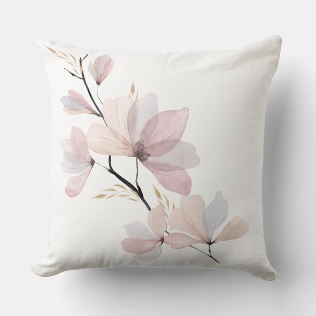 Waterverf Roze Magnolia Worpkussen Kussen (Voorkant)