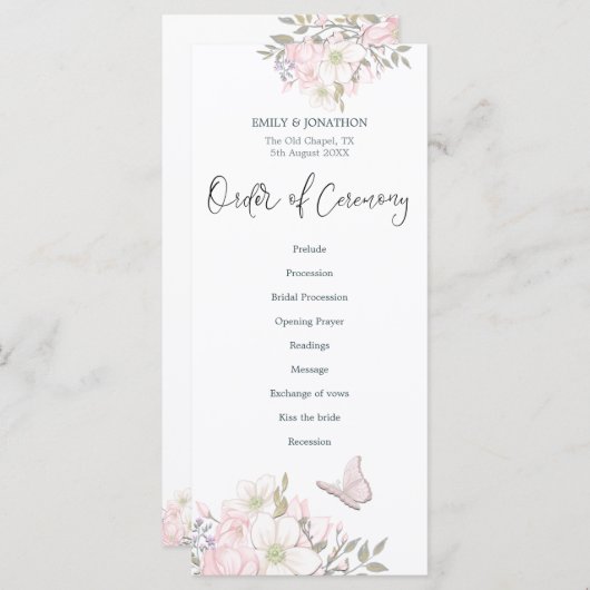 Waterverf Roze Magnolias Vlinder Script Bruiloft Programmakaart (Voorkant / Achterkant)