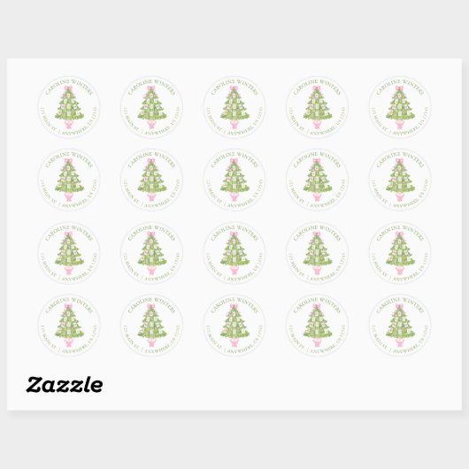Waterverf Roze Mahjong Kerstboom Adres Ronde Sticker (Vel)
