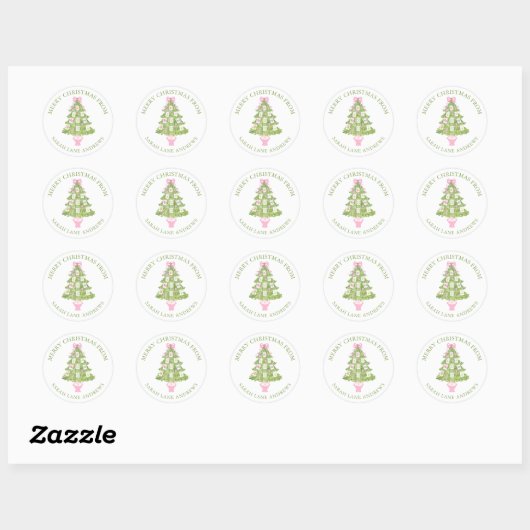 Waterverf Roze Mahjong Kerstboom Gift Ronde Sticker (Vel)