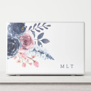Waterverf Roze marineblauw Elegant Floral Monogram HP Laptopsticker
