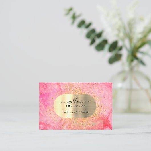 Waterverf & Roze Marmeren Faux Gold Glitter Folie Visitekaartje (Staand voorkant)