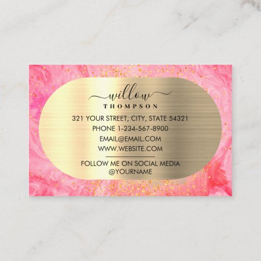 Waterverf & Roze Marmeren Faux Gold Glitter Folie Visitekaartje (Achterkant)