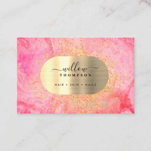 Waterverf & Roze Marmeren Faux Gold Glitter Folie Visitekaartje (Voorkant)