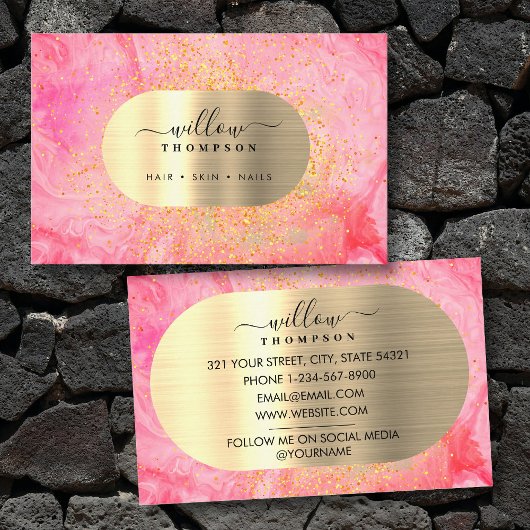Waterverf & Roze Marmeren Faux Gold Glitter Folie Visitekaartje