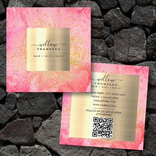 Waterverf Roze Marmeren Faux Goud Glitter QR Code Vierkante Visitekaartje