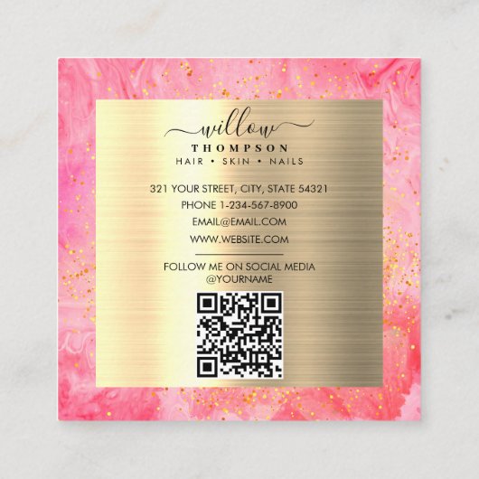 Waterverf Roze Marmeren Faux Goud Glitter QR Code Vierkante Visitekaartje (Achterkant)
