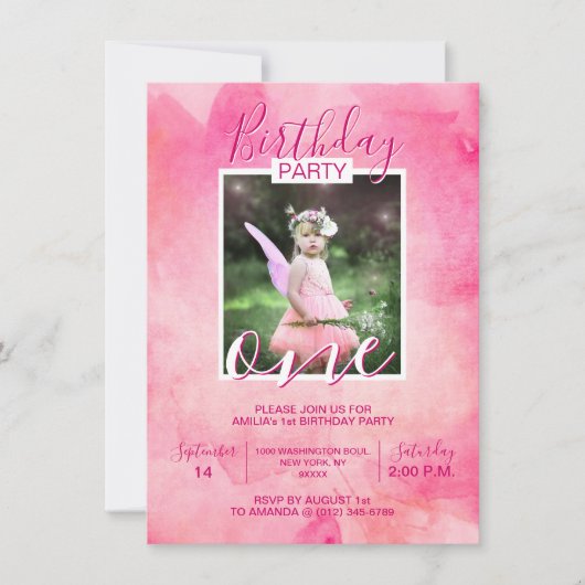 Waterverf roze meisje BIRTHDAY 1 JAAR Kaart (Voorkant)