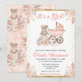 Waterverf Roze Meisje Speelgoed en Pram Baby showe Kaart (Voorkant / Achterkant)