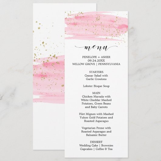 Waterverf Roze menu Blush & Gold Sparkle Weddensch (Voorkant / Achterkant)