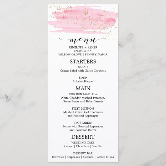 Waterverf Roze menu Blush & Gold Sparkle Weddensch (Voorkant)