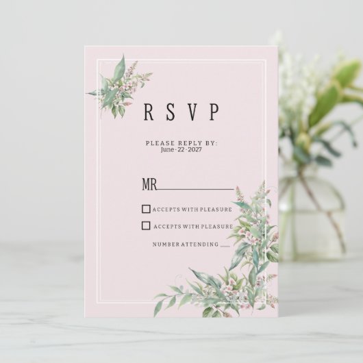 Waterverf roze mint bloem boeket RSVP Kaart (Staand voorkant)