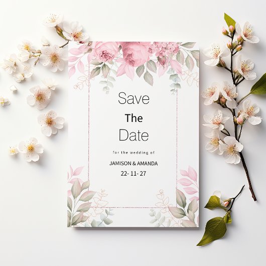 Waterverf roze mint bloemige Save The Date Kaart