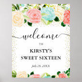 Waterverf Roze Mint Flowers Sweet 16 Welkom Poster (Voorkant)