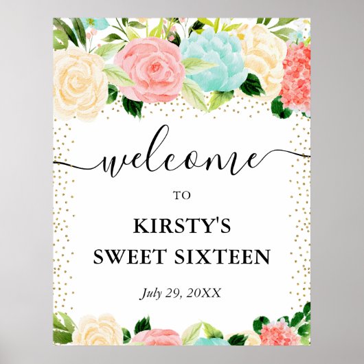 Waterverf Roze Mint Flowers Sweet 16 Welkom Poster (Voorkant)