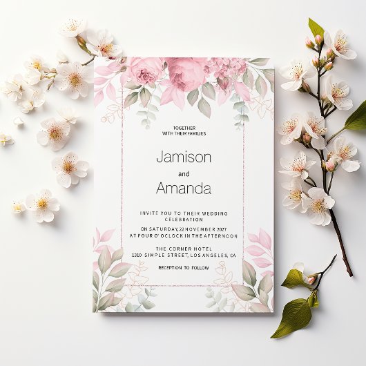 Waterverf roze mint witte bloemige bruiloft kaart