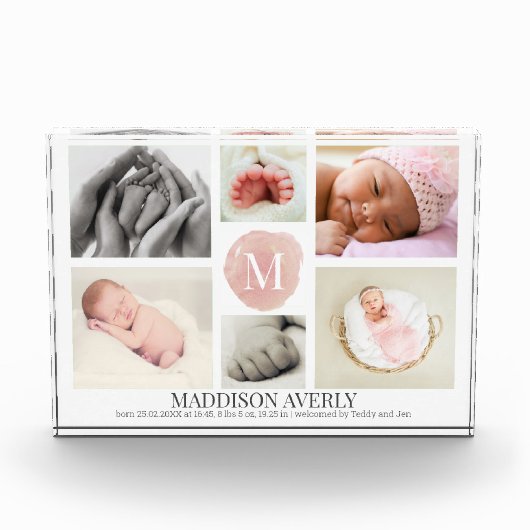 Waterverf roze monogram collage meisje geboorte fotoblokken (Voorkant)