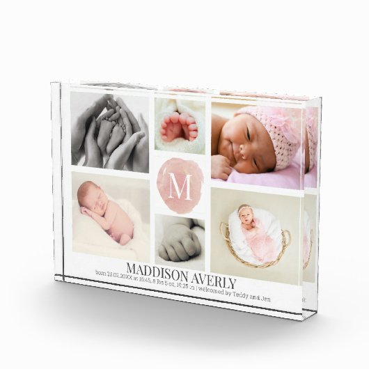 Waterverf roze monogram collage meisje geboorte fotoblokken (Rechts)