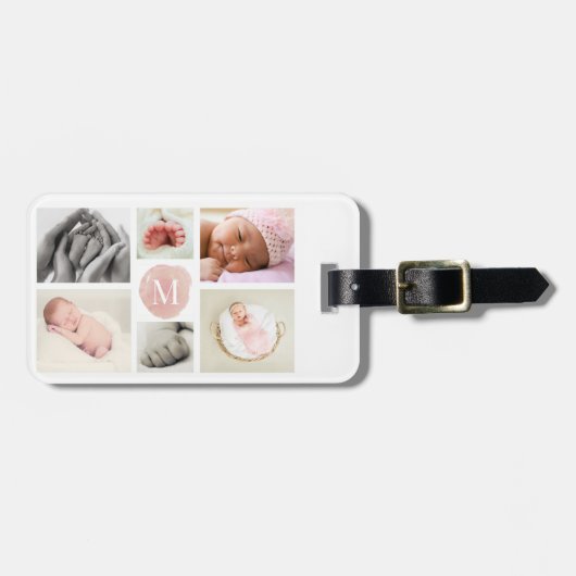 Waterverf Roze Monogram Foto Collage Girl Bagagelabel (Voorkant horizontaal)