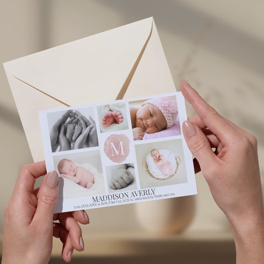 Waterverf Roze Monogram Foto Collage Girl Birth Aankondiging