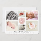 Waterverf Roze Monogram Foto Collage Girl Birth Aankondiging (Voorkant)