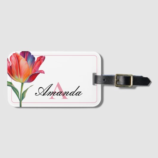 Waterverf Roze Monogramed Initiaal Letter Tulip Bagagelabel (Voorkant (horizontaal))