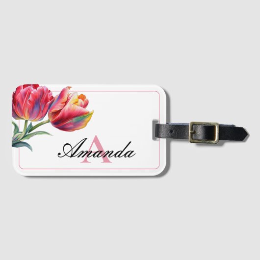 Waterverf Roze Monogramed Naam Tulp Bagagelabel (Voorkant (horizontaal))