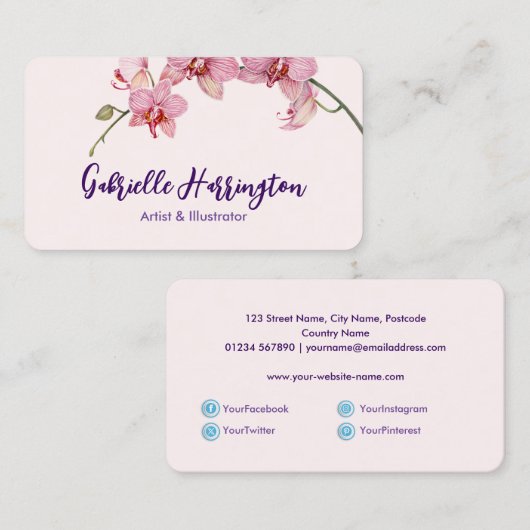 Waterverf Roze Moth Orchids Social Media Visitekaartje (Voorkant / Achterkant)